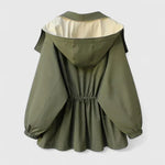 Rebekkah™ olive hooded jacket with gathered waist and peplum hem, long sleeves