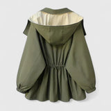 Rebekkah™ olive hooded jacket with gathered waist and peplum hem, long sleeves