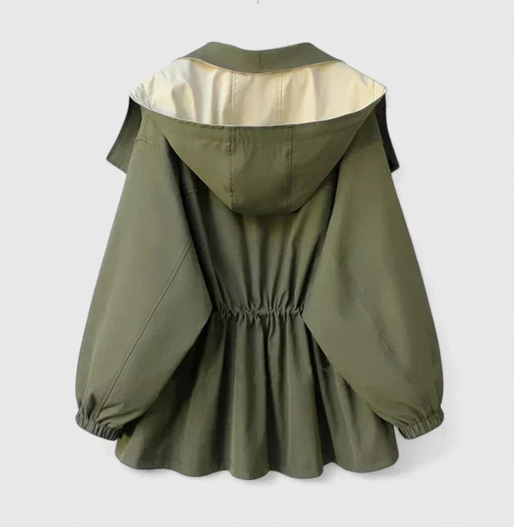 Rebekkah™ olive hooded jacket with gathered waist and peplum hem, long sleeves