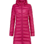Bright pink ultralight long puffer jacket with attached hood and front zipper