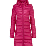 Bright pink ultralight long puffer jacket with attached hood and front zipper