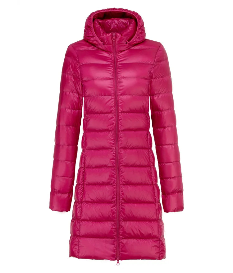 Bright pink ultralight long puffer jacket with attached hood and front zipper