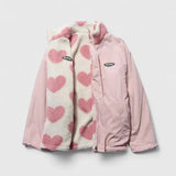 Light pink fleece jacket with pink heart print, full-zip, hood, pastel side panels