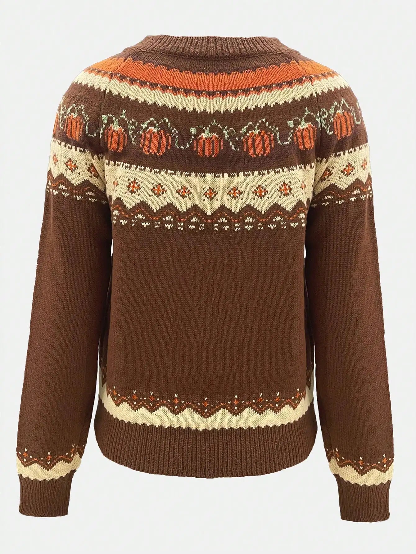 Marion vintage Icelandic sweater back view, dark brown with Nordic Fair Isle yoke