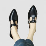 Orthopedic Mary Jane shoes, black upper with buckled instep strap and low block heel