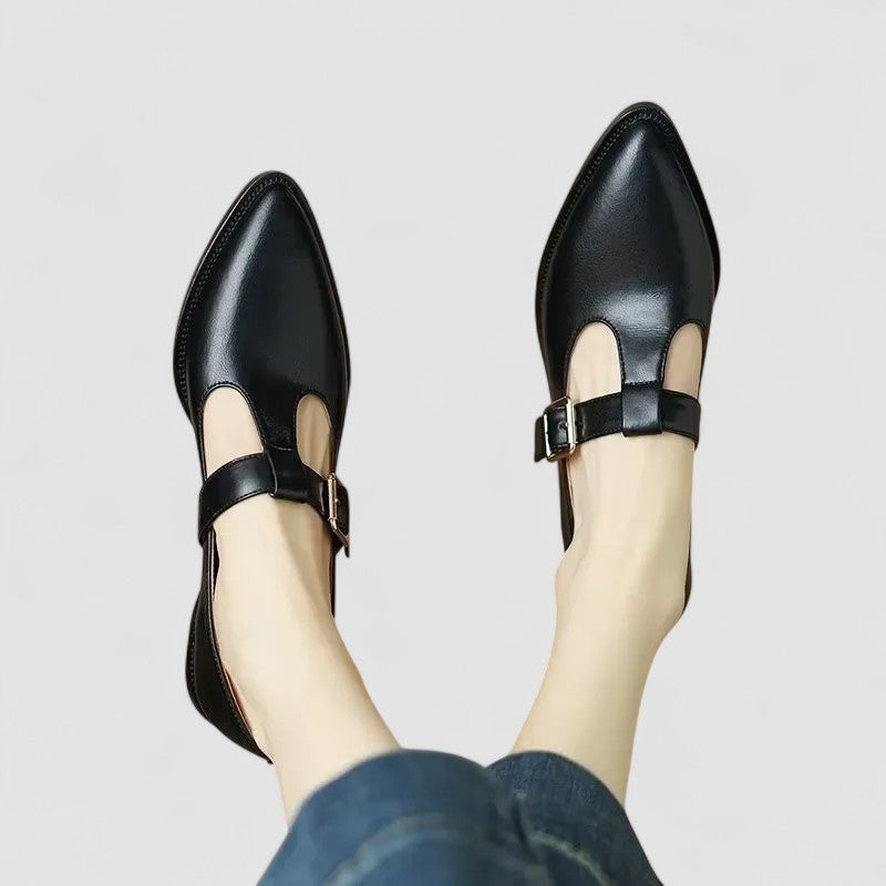 Orthopedic Mary Jane shoes, black upper with buckled instep strap and low block heel
