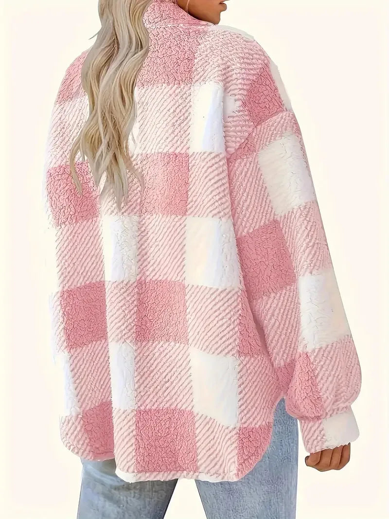Pink-and-white plaid fleece shacket, button front, stand collar, long sleeves