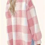Pink-and-white plaid fleece shacket, button front, stand collar, long sleeves