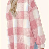 Pink-and-white plaid fleece shacket, button front, stand collar, long sleeves