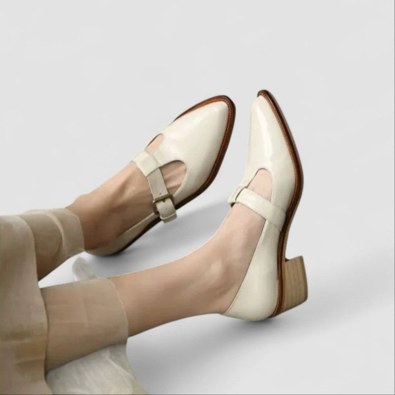 Orthopedic Mary Jane shoes, beige upper with buckled instep strap and low block heel