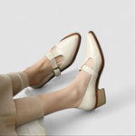 Orthopedic Mary Jane shoes, beige upper with buckled instep strap and low block heel