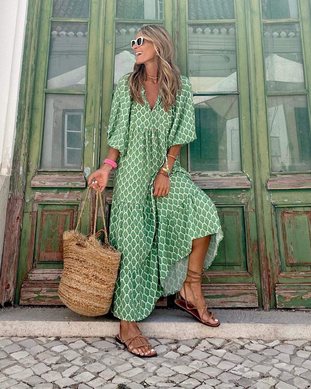 Bohemian maxi dress in green with white diamond pattern, three-quarter length sleeves