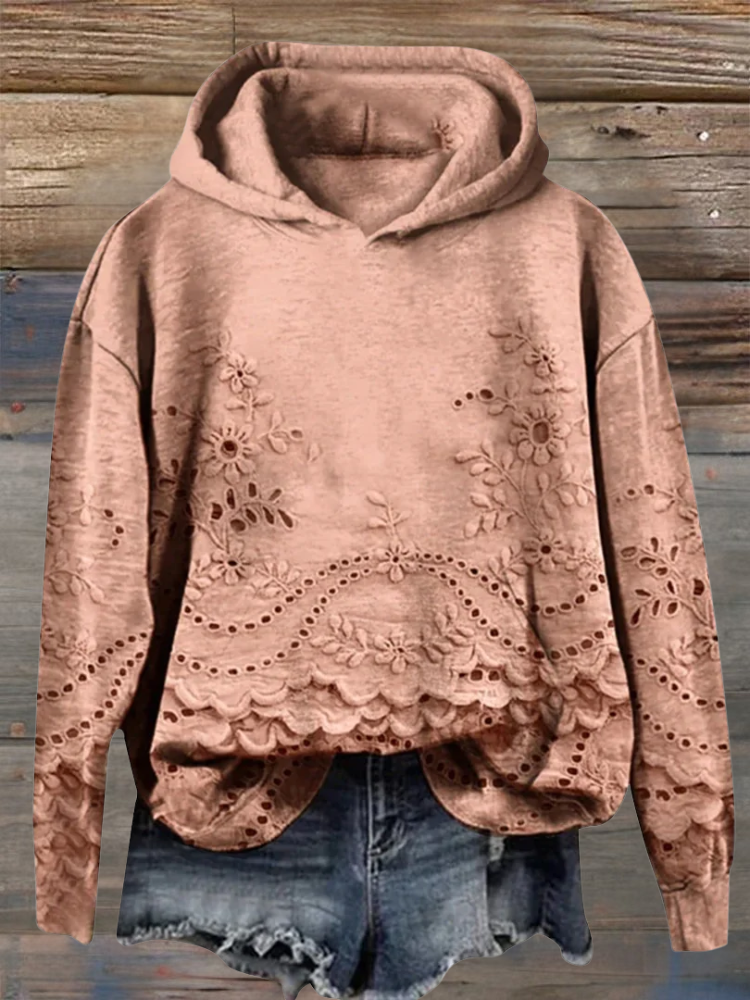 Brown hoodie with floral embroidered eyelet lace hem and scalloped front panel
