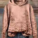Brown hoodie with floral embroidered eyelet lace hem and scalloped front panel