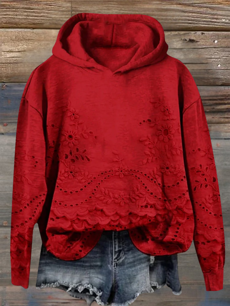 Red hoodie with floral embroidered eyelet lace hem and scalloped front panel