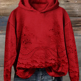 Red hoodie with floral embroidered eyelet lace hem and scalloped front panel