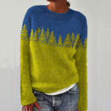 Women’s retro knit sweater, blue yoke with yellow tree pattern, long sleeves