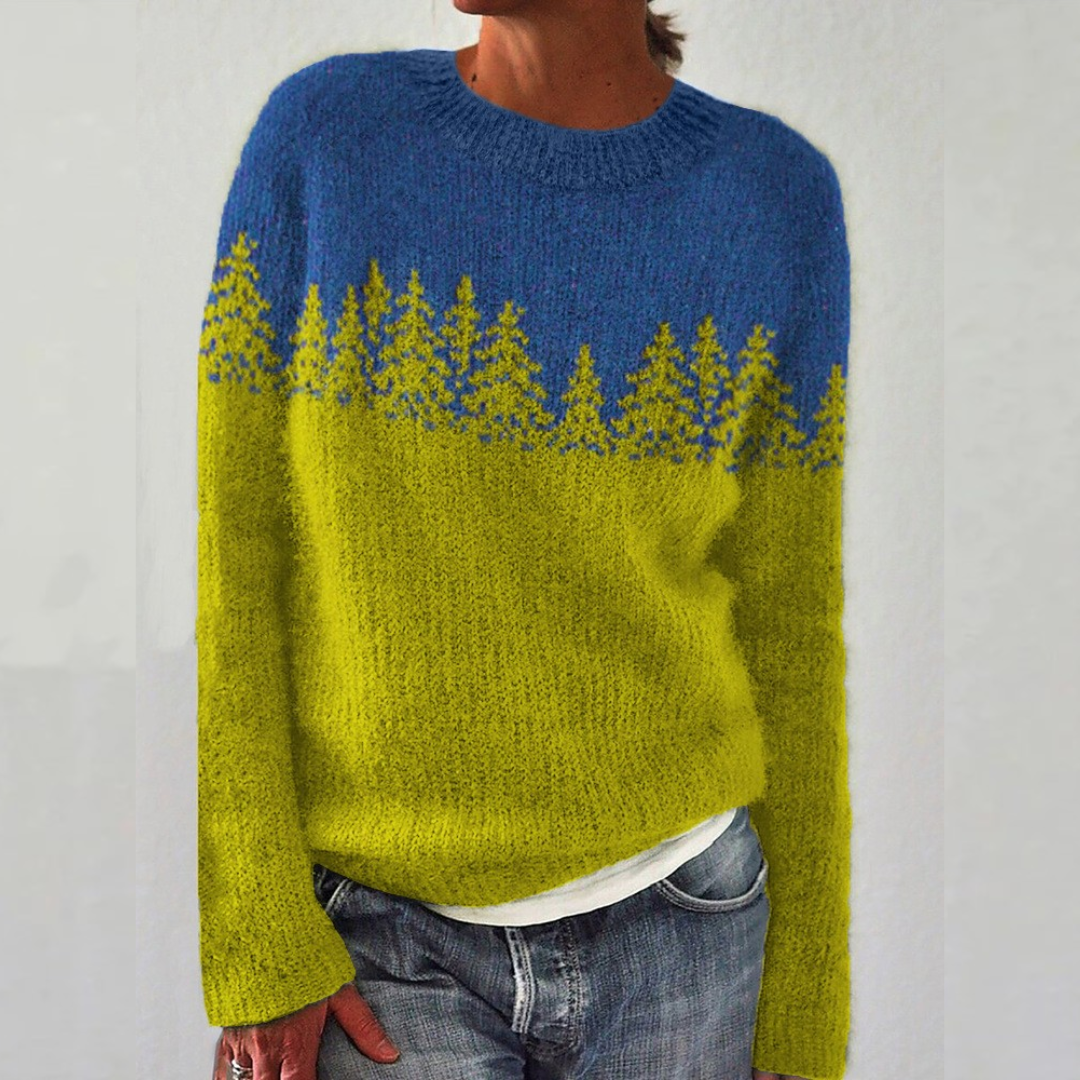 Retro pullover sweater in blue and yellow with pine tree pattern across front