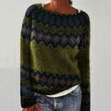 Dark navy retro pullover with green patterned knit and ribbed crew neck