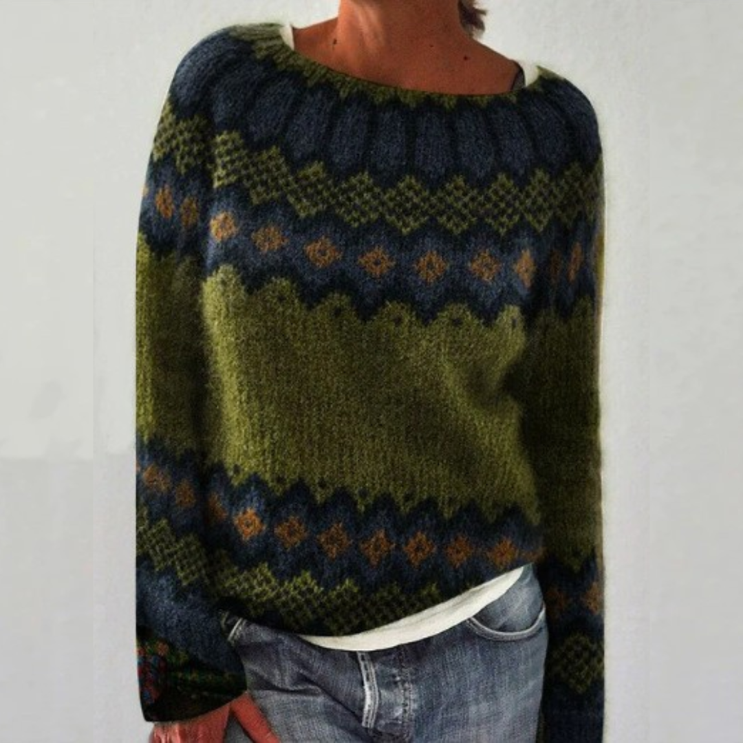 Fair isle retro pullover sweater in dark blue, green, and yellow with patterned yoke