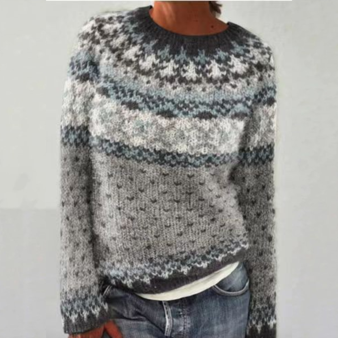 Grey-and-white knitted retro pullover with blue Fair Isle yoke pattern