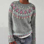 Grey retro pullover with pink and teal dotted pattern and ribbed cuffs