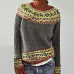 Retro pullover sweater in heather gray with yellow-green and rust patterned yoke