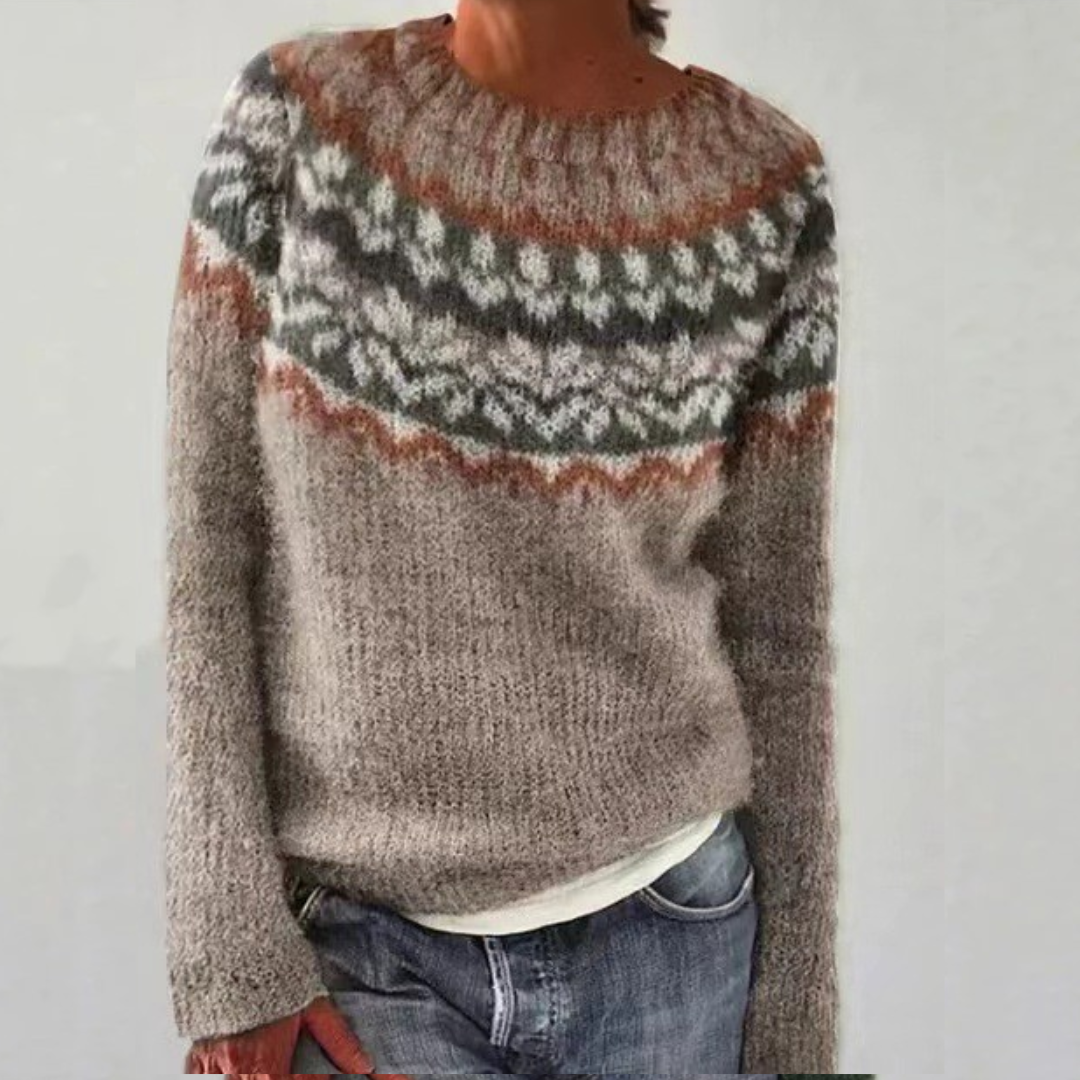 Chloe™ retro knit pullover sweater with brown fair isle yoke and multicolor pattern