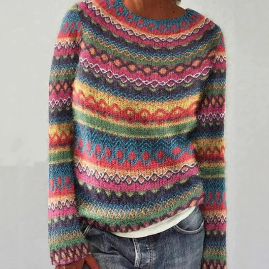 Retro pullover sweater with colorful rainbow fair isle stripes and crew neckline
