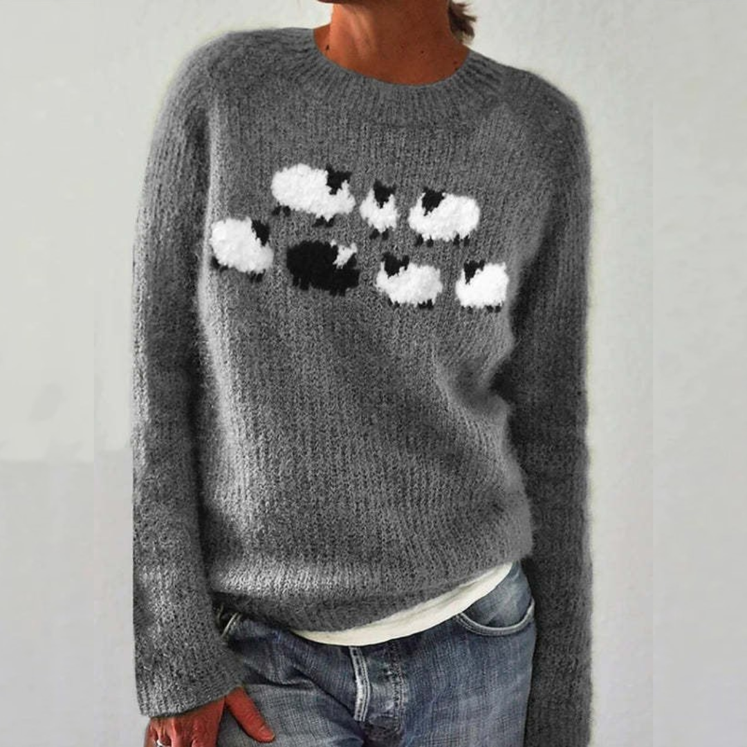 Retro pullover sweater in dark gray with white and black cloud-like motif applique
