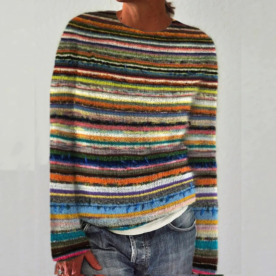 Silvana™ cozy retro sweater: multicolor horizontal striped knit pullover, crew neck, long sleeves