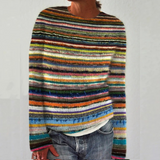Multicolor striped retro pullover with long sleeves and ribbed crew neck