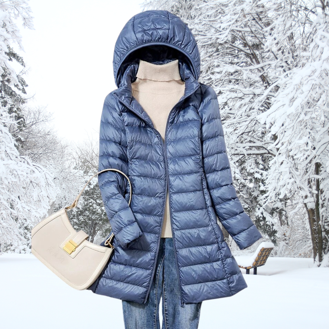 Blue hooded long puffer jacket with zip front and quilted stitch pattern