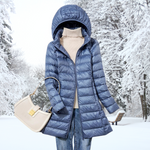 Blue hooded long puffer jacket with zip front and quilted stitch pattern