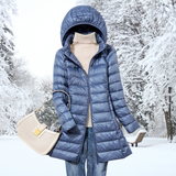Blue hooded long puffer jacket with zip front and quilted stitch pattern