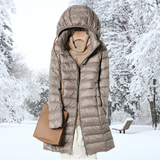 Khaki hooded long puffer jacket with full front zipper and quilted insulation