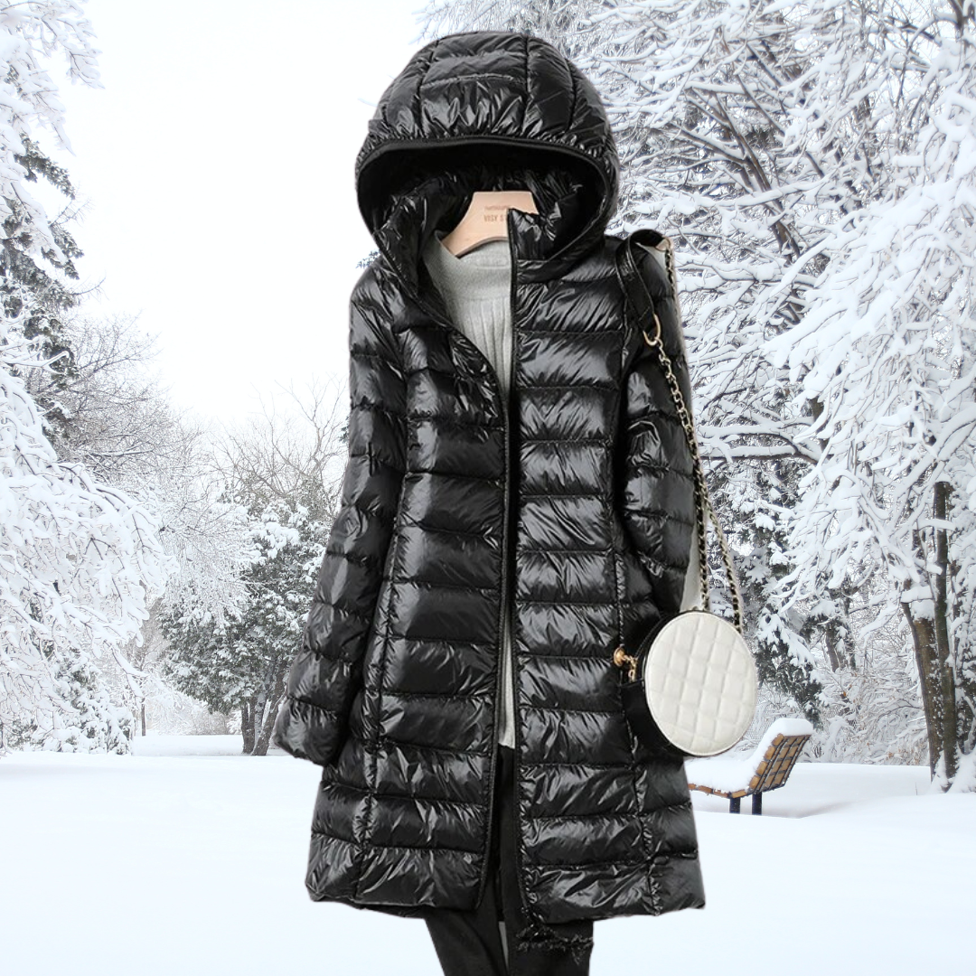 Black hooded long puffer jacket with front zipper and quilted panels