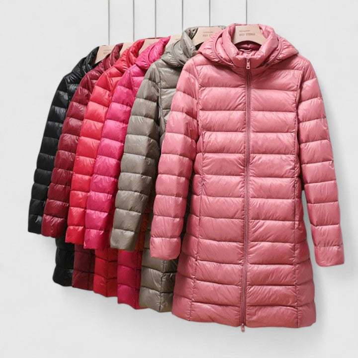 Hooded puffer jacket with full-length sleeves and front zipper, pink colorway.