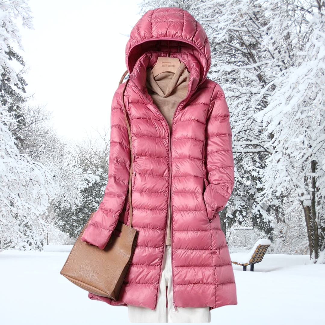 Pink hooded long puffer jacket with zip front and quilted quilting