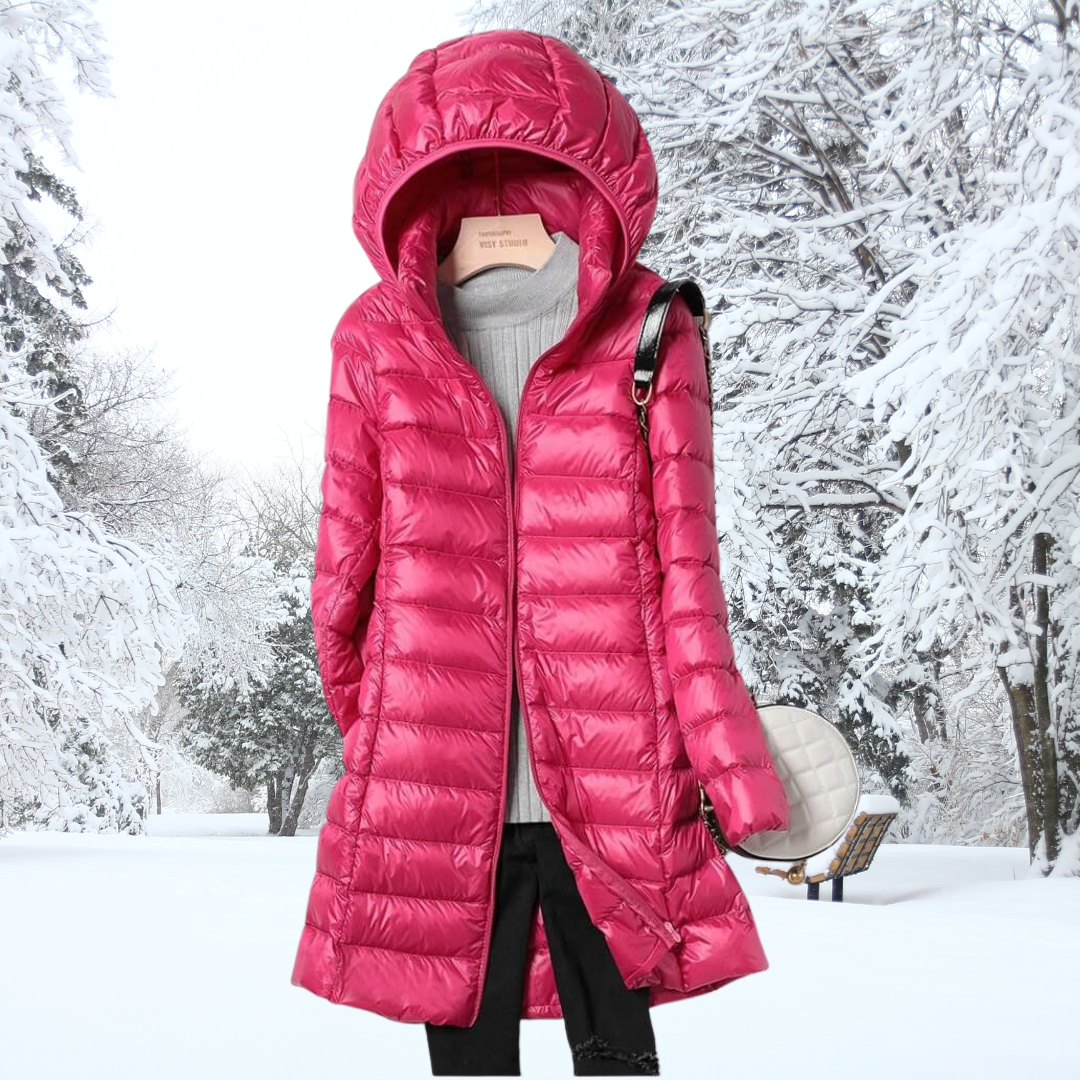Bright pink hooded long puffer jacket with zip front and quilted panels