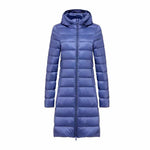 Ultralight long puffer jacket with hood, blue, full-length zipper