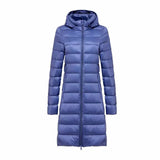 Ultralight long puffer jacket with hood, blue, full-length zipper