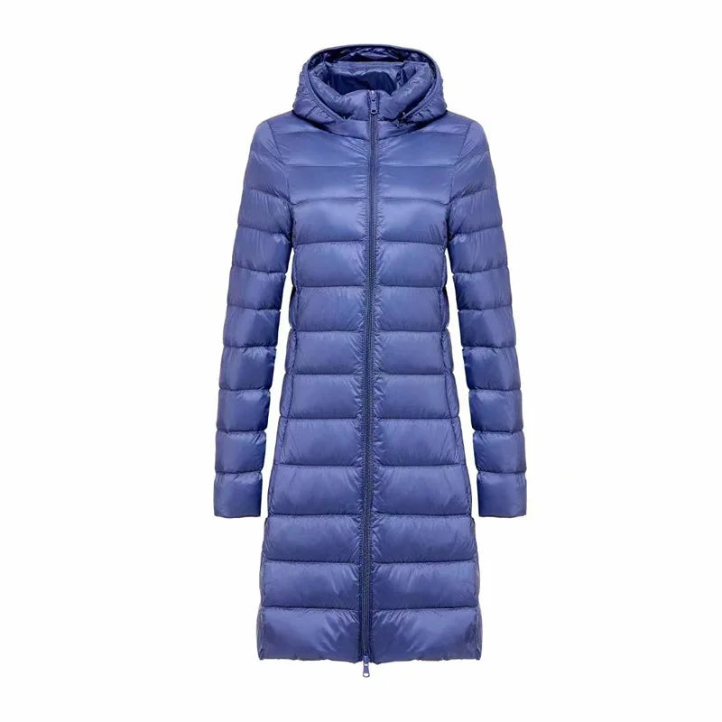 Ultralight long puffer jacket with hood, blue, full-length zipper