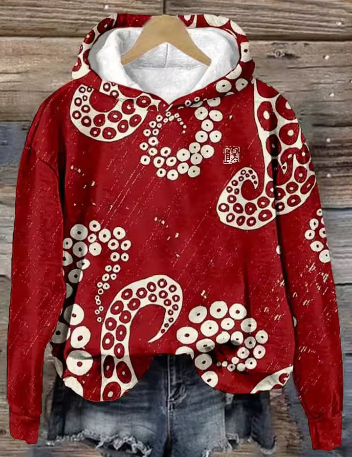 Paige classic hoodie with red all-over circular motif print, hood, long sleeves, front pocket