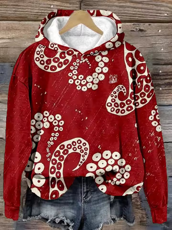 Paige classic hoodie with red all-over circular motif print, hood, long sleeves, front pocket