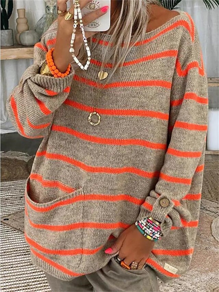 Heather gray knit pullover with orange stripe pattern, long sleeves, ribbed cuffs.
