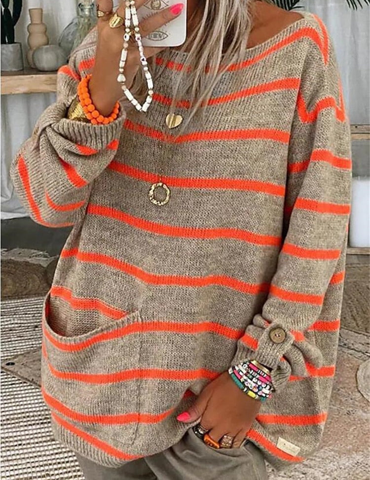 Heather gray knit pullover with orange stripe pattern, long sleeves, ribbed cuffs.