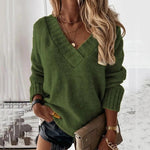 Green V-neck knit pullover sweater with long sleeves and ribbed neckline