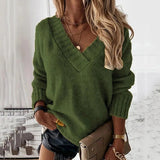 Green V-neck knit pullover sweater with long sleeves and ribbed neckline