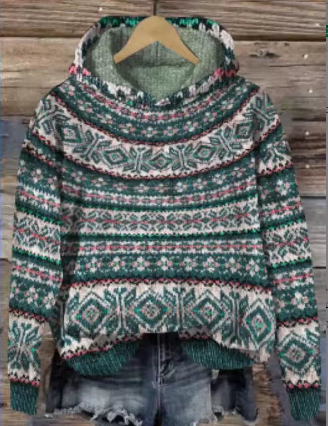 Dark green patterned knit hoodie with pullover hood and long sleeves